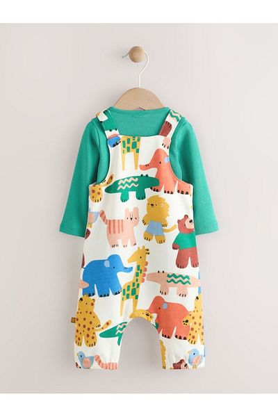 Next Baby 100% Cotton Green Animal Patterned Long Sleeve Salopet Bodysuit Set