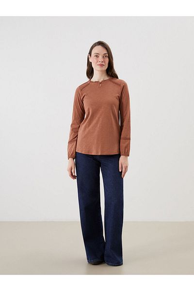 LC Waikiki Grace Brown Ruffled Crew Neck Lace Detailed Blouse