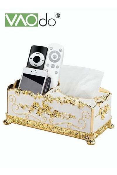 VAODO Tissue Box Holder with Storage Function Golden Embossed Design Large Capacity Storage Tissue Box
