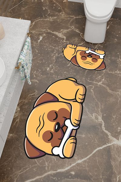 Charmbi Tatlış Dog Patterned Eco Bath Mat, Non-Slip Base, Machine Washable, Digital Printing Set of 2