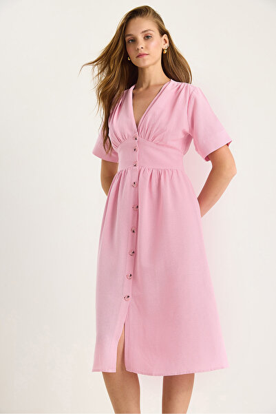 Bianco Lucci Women's V Neck Waist Detail Button Short Sleeve Viscose Linen Dress 5260 60281100