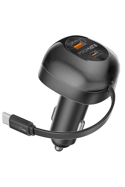Promate Promate 62W Car Charger With 45W Retractable USB-C PD Cable, Super-Fast PD36W USB-C Port, Rapid 18W
