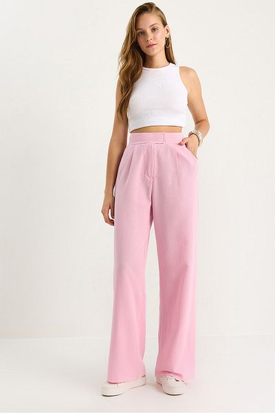 Bianco Lucci Women's Velcro Pocket Detailed Linen Palazzo Trousers 3877 60281098