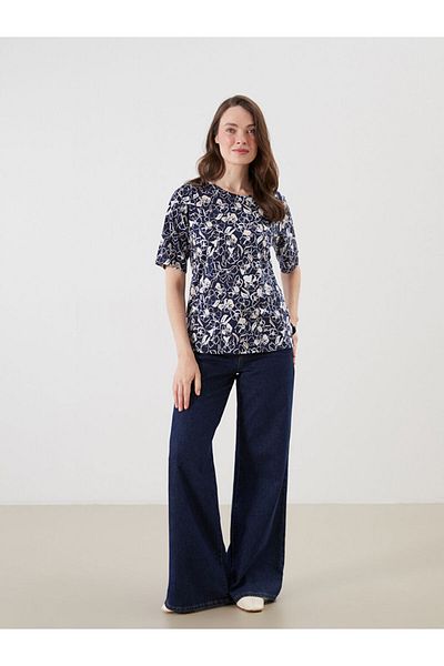 LC Waikiki Grace Navy Blue Crew Neck Floral Women's T-Shirt