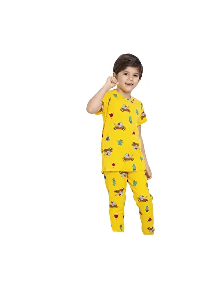 Fidekids Diamond Kids Boys Pajamas Set Yellow Elephant Car Pattern %Cotton Short Sleeve Bottom Long