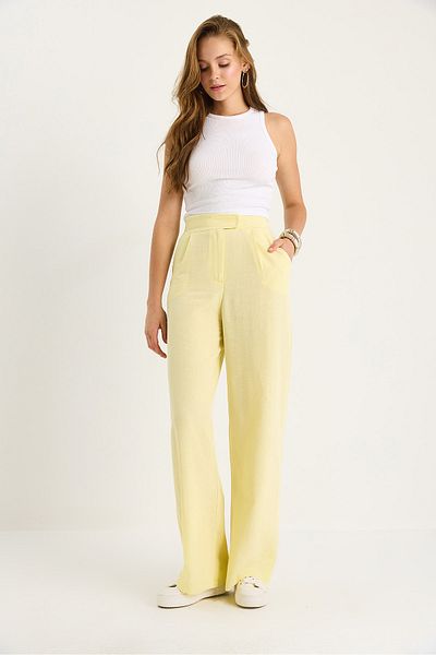Bianco Lucci Women's Velcro Pocket Detailed Linen Palazzo Trousers 3877 60281098