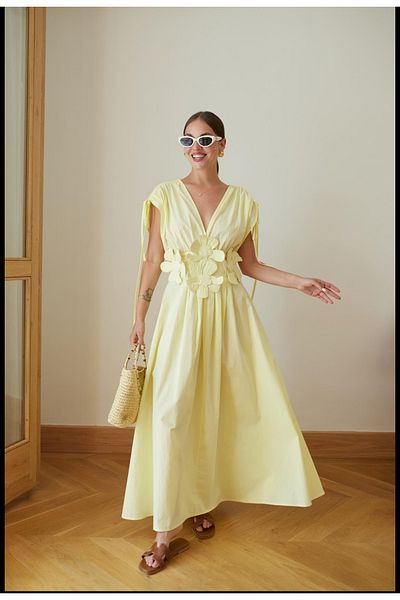 Bak'ap Premium Trend Design Μακρύ φόρεμα με λουλούδια με λεπτομέρειες με μανίκια