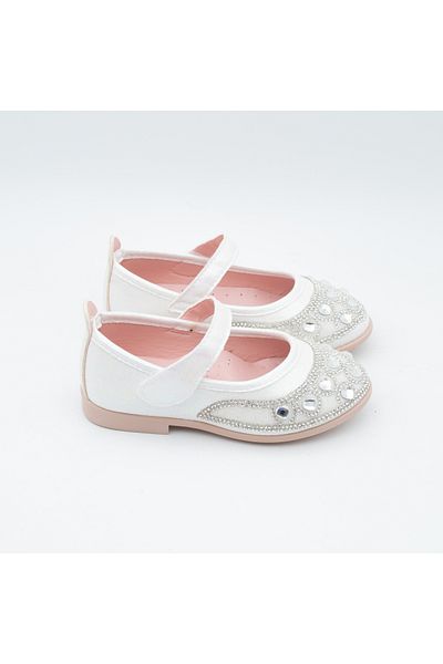 Arçın Shoes Girl's White Hearted Stone Ballerina Shoes – Sparkling Velcro Model – Stylish & Comfortable