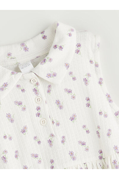 LC Waikiki LCW Kids Ecru Crew Neck Λουλούδια Κοριτσίστικο Φόρεμα