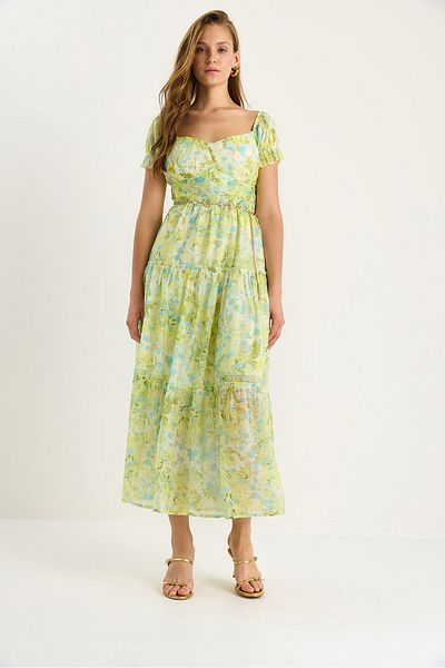 Bianco Lucci Women's Floral Patterned Waist Detailed Lined Viscose Dress 5257 60281101