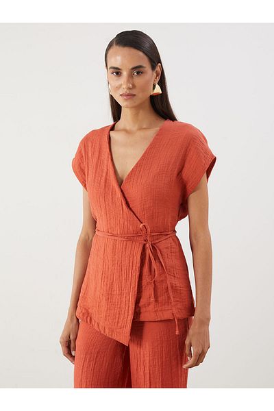 LC Waikiki Orange Double Breasted Collar Textured Blouse