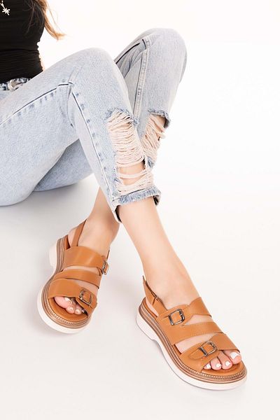 Gondol Women's Genuine Leather Stylish Casual Comfortable Sandals Ez.6122 Tan