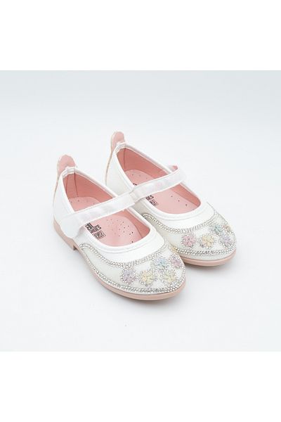 Arçın Shoes Iz Children's Stoned Flower Patterned Ballerina Shoes - White Sparkly - Velcro Comfortable Model