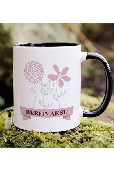 Bk Gift Kişiye Özel İsimli Çiçek Tasarımlı Siyah Kupa Bardak- 18, Arkadaşa He...