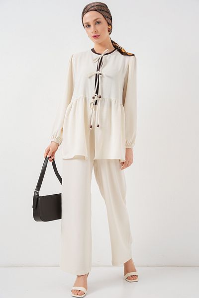 Bigdart Women's Front Lace-Up Tunic Trousers Double Set 6744 - Ecru