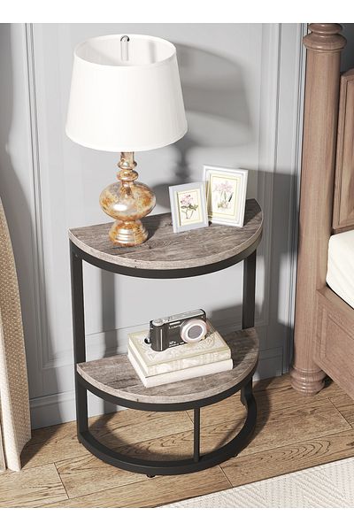 sharpdo 2-Tier End Table Semi Circle, Small Half Round Side Table with Storage Shelf