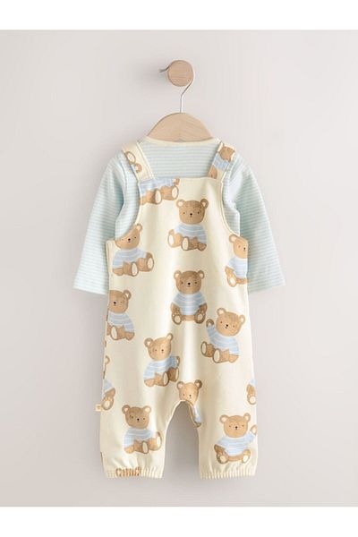 Next Baby 100% Cotton Blue Teddy Bear Patterned Long Sleeve Salopet Bodysuit Set