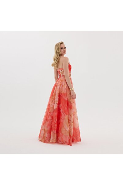 m mass-ha Turuncu Straplez Tül Empirme Abiye Elbise