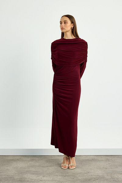 Birgül Bektaş Burgundy Shoulder Detailed Drape Dress