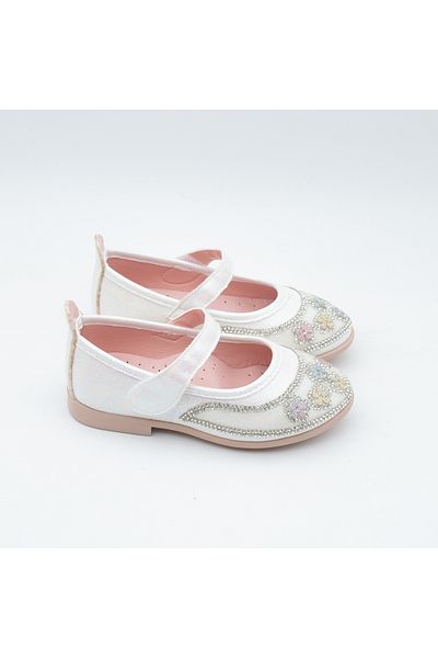 Arçın Shoes Iz Children's Stoned Flower Patterned Ballerina Shoes - White Sparkly - Velcro Comfortable Model