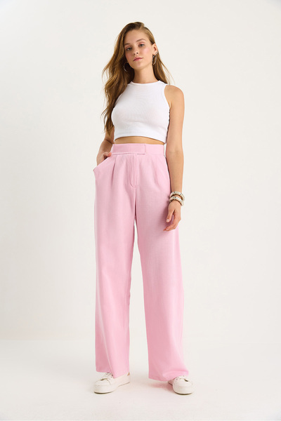 Bianco Lucci Women's Velcro Pocket Detailed Linen Palazzo Trousers 3877 60281098