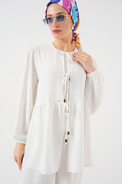 Bigdart Kadın Önü Bağcıklı Tunik Pantolon İkili Takım 6744 - Beyaz