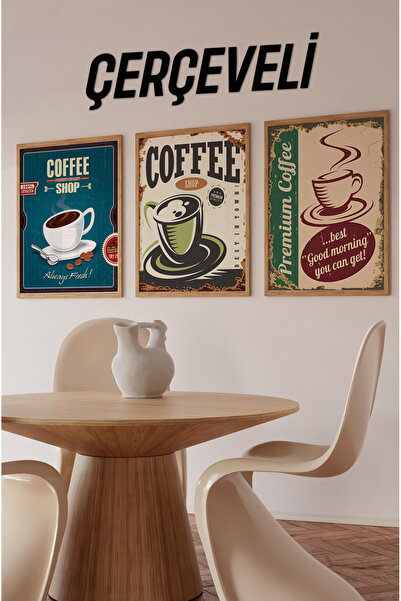 kutuTR ☕ Retro Kahve Durağı – Çerçeveli 3’lü MDF Tablo Seti (Ahşap Çerçeveli)...