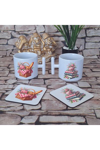 giftkonsept Bohemian Summer Themed Printed Set of 4 Wooden Coasters and Latte Cup t Mug with Handle