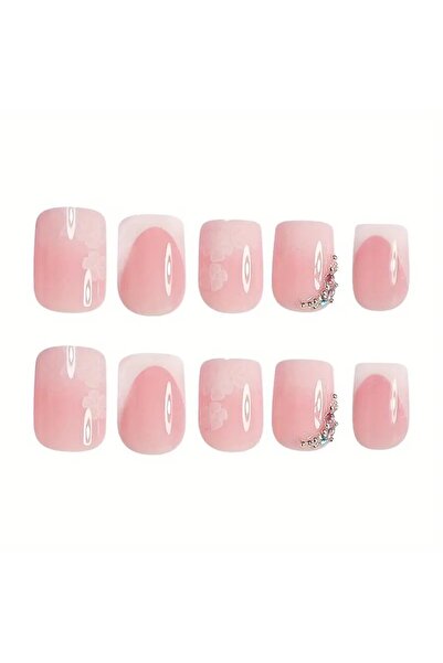 Rediquis 24 Parça Kısa Kare Pembe Gradyan Simli Beyaz Çiçekli Parlak Takma Tırnak Seti, Yapıştırıcı Dahil