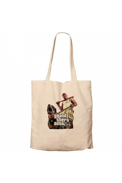 Z zepplin Grand Theft Auto Five Dog And Man Cream υφασμάτινη τσάντα με φερμουάρ Gabardine