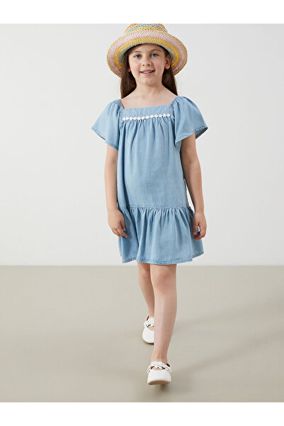 LC Waikiki LCW Παιδικό Μπλε Λουλούδι Κεντημένο Κοριτσίστικο Τζιν Φόρεμα