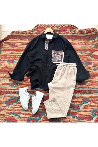 tiggirmoda Oversize Pocket Embroidered Linen Shirt and Trousers Set