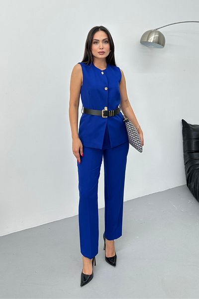 spirituel Women's Double Bottom Top Suit Stylish Button Detailed Belted Crew Neck Regular Vest Pants Suit