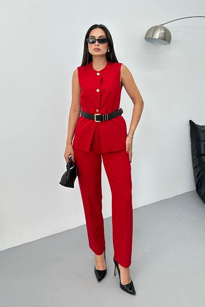 spirituel Women's Double Bottom Top Suit Stylish Button Detailed Belted Crew Neck Regular Vest Pants Suit