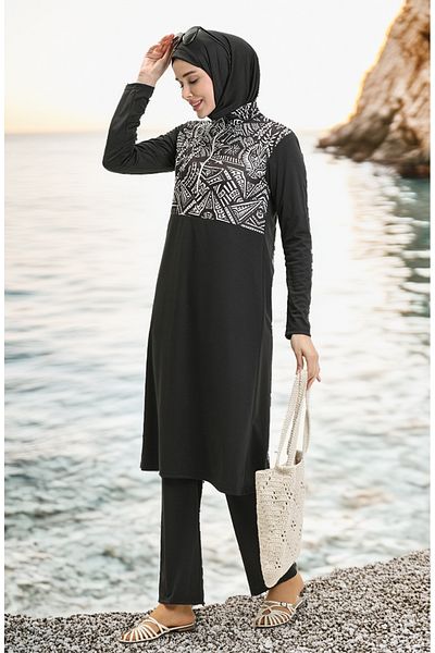 sefamerve Patterned Hijab Swimsuit 2313-01 Black