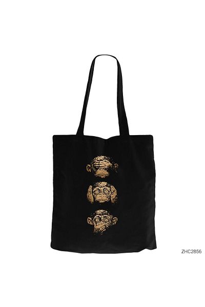 Z zepplin Three Monkey Black Zippered Cloth Bag Gabardine