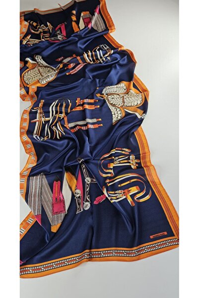 PİRAMİT HERMES VUAL İPEK ŞAL KEMER MODELİ LACİVERT TURUNCU