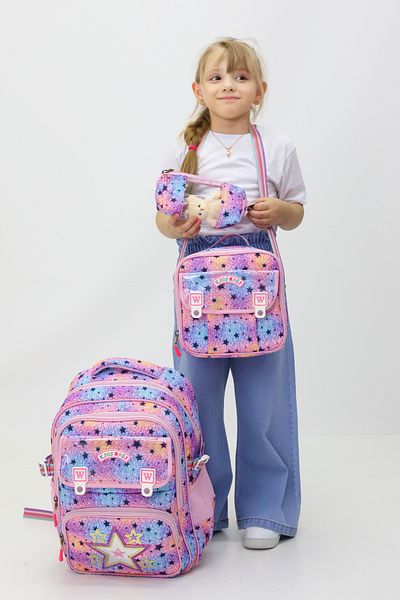Probag Set de 3 genți de școală roz pentru fete cu model de stea – rucsac, cutie termică pentru prânz, suport pentru stilou