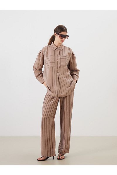 LC Waikiki Brown Shirt Collar Striped Modal Blend Women's Tunic