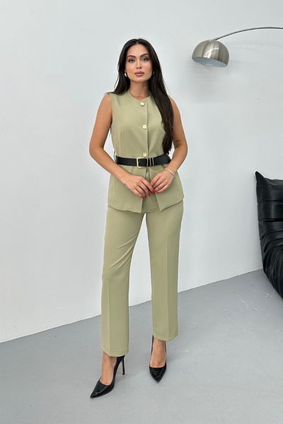 spirituel Women's Double Bottom Top Suit Stylish Button Detailed Belted Crew Neck Regular Vest Pants Suit