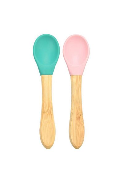 MBB ETİCARET OiOi Bamboo Handle Silicone Food Spoon 2 Pack Green Pink