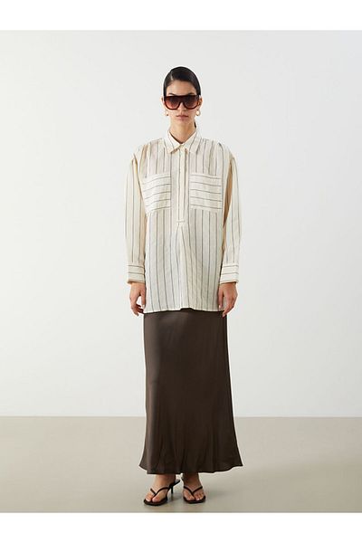 LC Waikiki Brown Shirt Collar Striped Modal Blend Women's Tunic