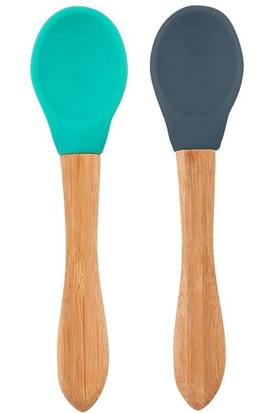 MBB ETİCARET OiOi Bamboo Handle Silicone Food Spoon 2 Pack Aqua Green / Deep Blue