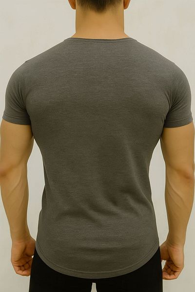 BYBÜLENT Men's Gray Oval Skirt Wide Collar Slim Fit Short Sleeve T-Shirt