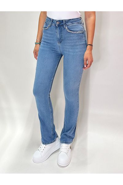 IFASTFASHION High-waisted straight jeans with shiny appliqués
