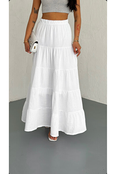 jöns since 1997 Fusta lungă albă de muselină elastică în talie pentru femei