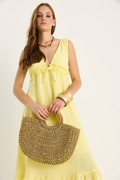 Bianco Lucci Women's Round Handle Large Strap Half Moon Straw Bag 60801021