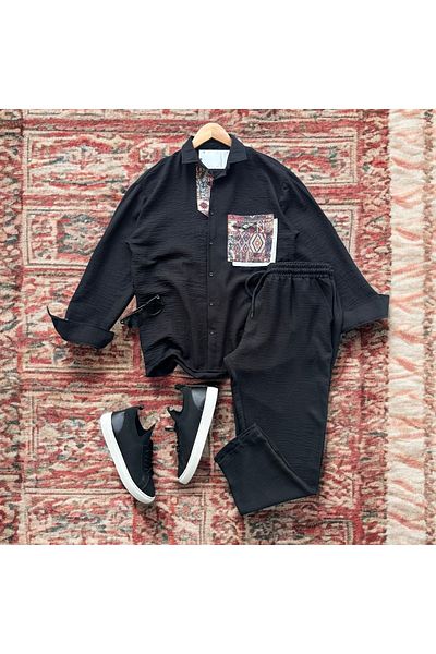 tiggirmoda Oversize Pocket Embroidered Linen Shirt and Trousers Set