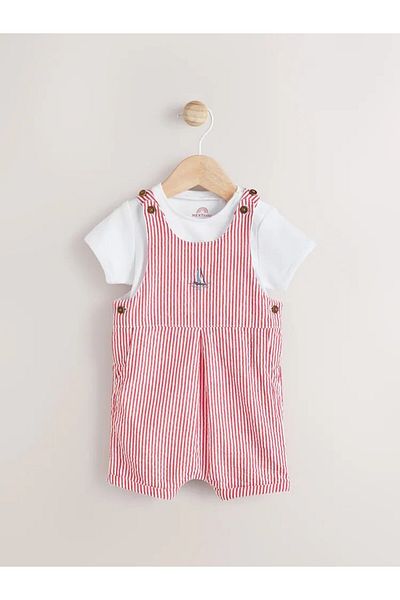 Next Baby 100% Cotton Red Boat Patterned Short Sleeve Salopet Bodysuit Set