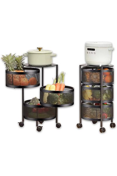 Primo Plus 3-Tier Rotating Kitchen Shelf, Round Storage Rack with Wheels, Metal Wire Shelf for Fruit,Vegetables